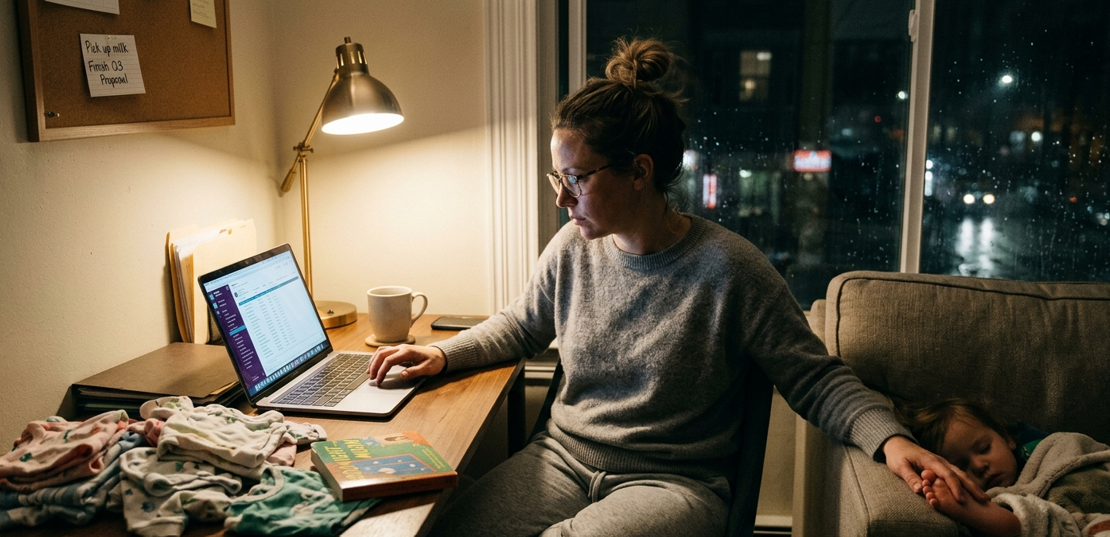 Exhausted working mother at night